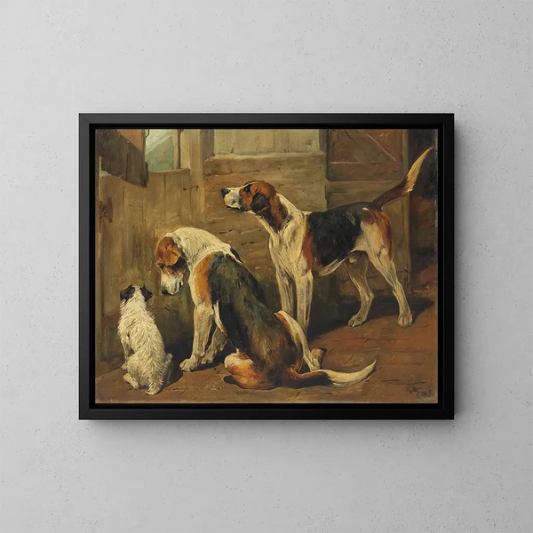 Van afwachting van de jacht, een holen en twee jachthonden - John Emms — ingelijst kunstwerk aan de muur