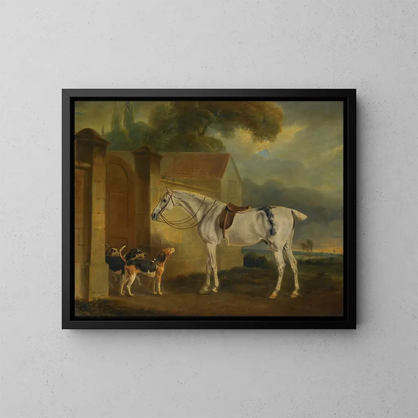 The grey horse shot by Lord Lonsdale at Cottesmore with the Cottesmore hounds - John Ferneley — framed artwork on a wall