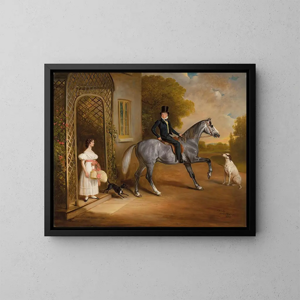 Master John Marriott on a gray horse with his sister Annis and their dogs in front of the Elms at Cropwell Butler - John Ferneley — framed artwork on a wall