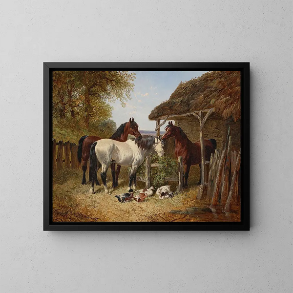 Horses and ducks in a farmyard - John Frederick Herring Jr. — framed artwork on a wall