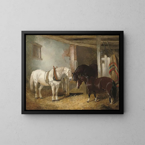 Trois chevaux dans une écurie se nourrissant d'une mangeoire - John Frederick Herring Jr. — framed artwork on a wall