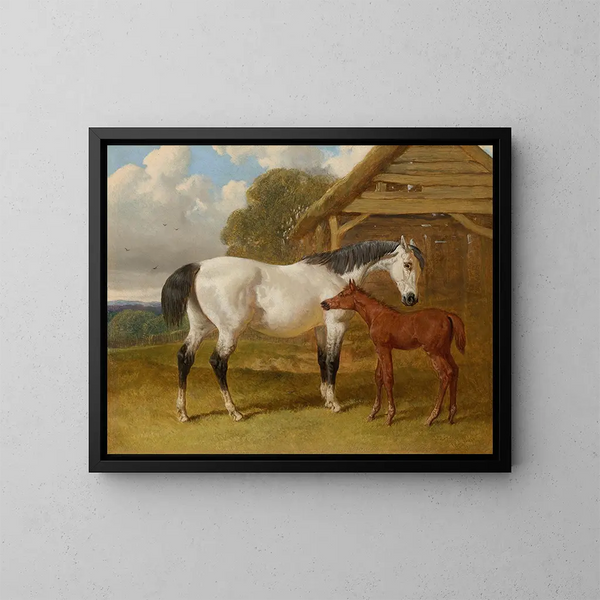 A mare and her foal near a field shelter - John Frederick Herring the Elder — framed artwork on a wall