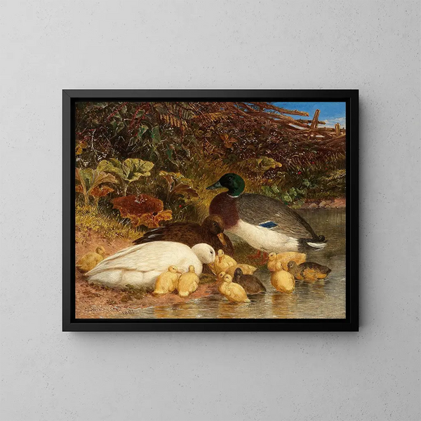 Ducks and Ducklings near a Pond - John Frederick Herring the Elder — framed artwork on a wall