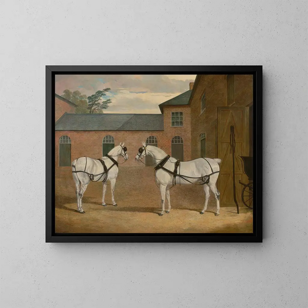 Gray draft horses in the courtyard of the carriage at Putteridge Bury, Hertfordshire - John Frederick Herring the Elder — framed artwork on a wall