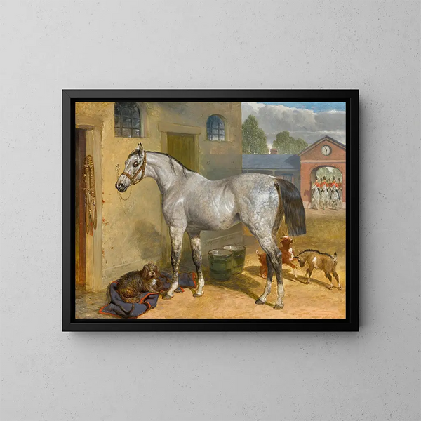 one of the Scots Greys in a courtyard with a dog and goats - John Frederick Herring the Elder — framed artwork on a wall