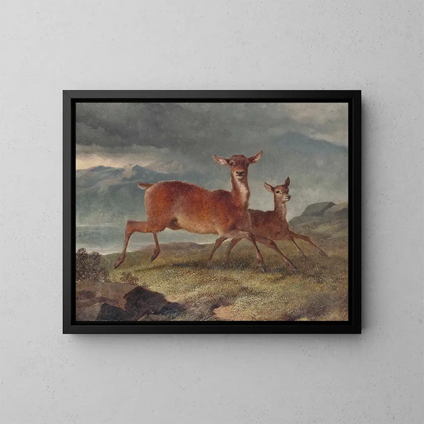 Red Deer and Fawn - John Frederick Herring the Elder — framed artwork on a wall