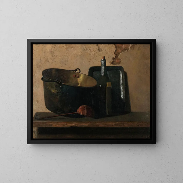 Preparation of French Soup with Wine and Brass Pot - John Frederick Peto — framed artwork on a wall