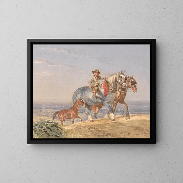 A plowman climbing one of the two draft horses at the top of a hill - John Frederick Tayler — framed artwork on a wall