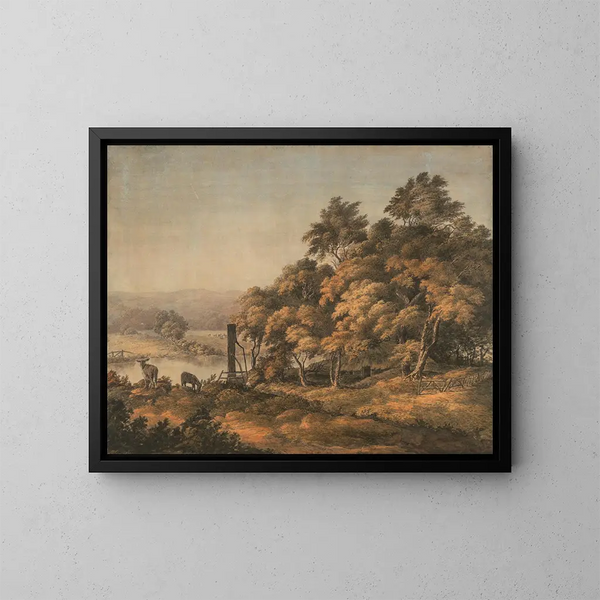 a vast river landscape with donkeys - John Glover — framed artwork on a wall