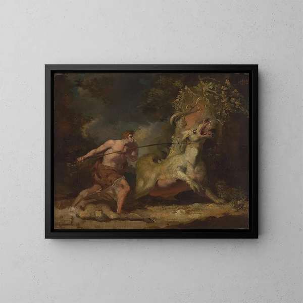 a man attacking a monster - John Hamilton Mortimer — framed artwork on a wall
