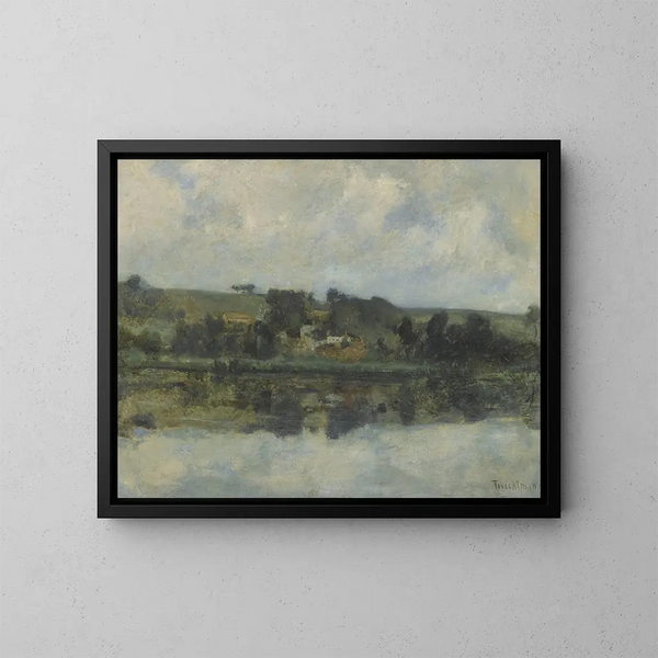 French River Scene Painting - John Henry Twachtman — framed artwork on a wall