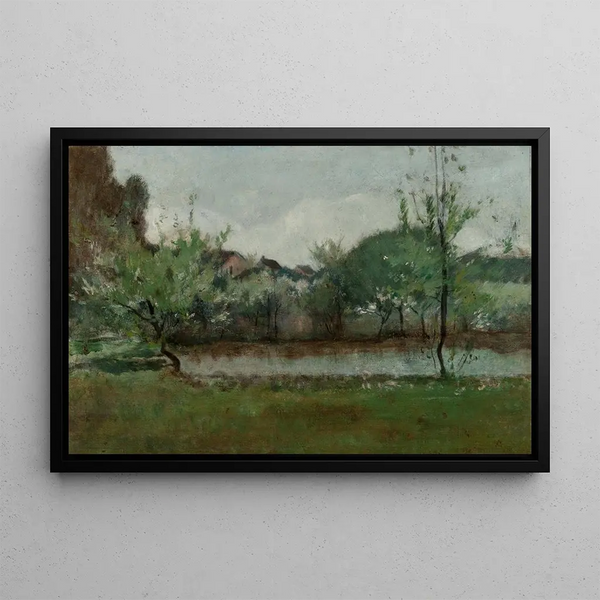 Landscape painting with cottages - John Henry Twachtman — framed artwork on a wall