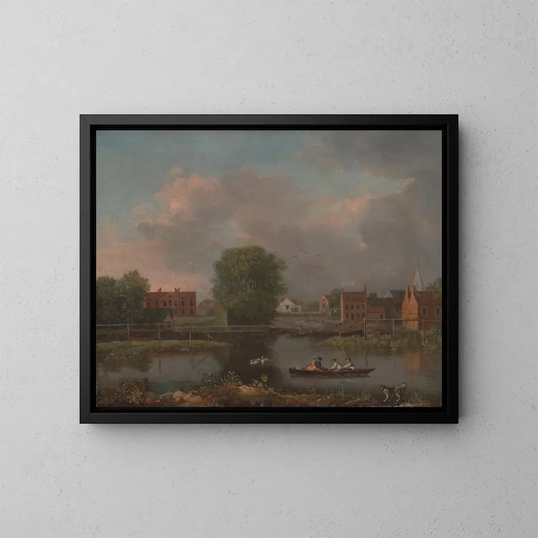 a river landscape, perhaps a view from the western end of the Rochester bridge - John Inigo Richards — framed artwork on a wall