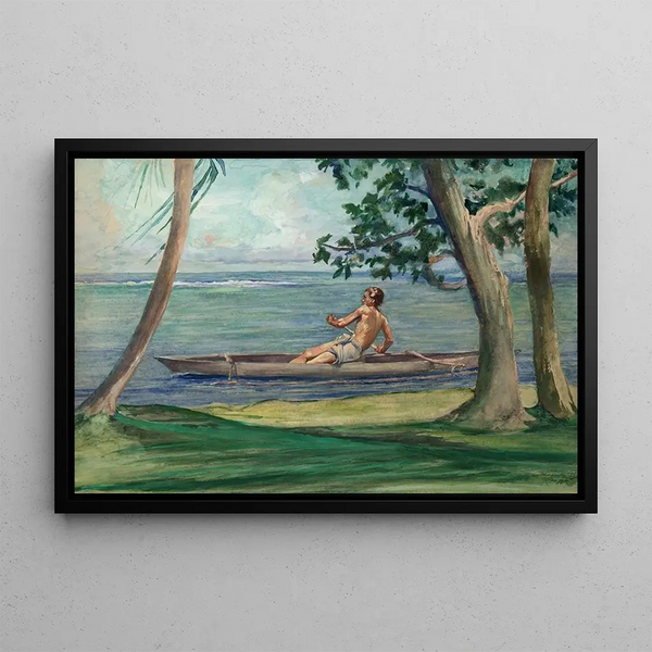 Boy in Canoe Passing in Front of Our House Vaiala Samoa - John La Farge — framed artwork on a wall