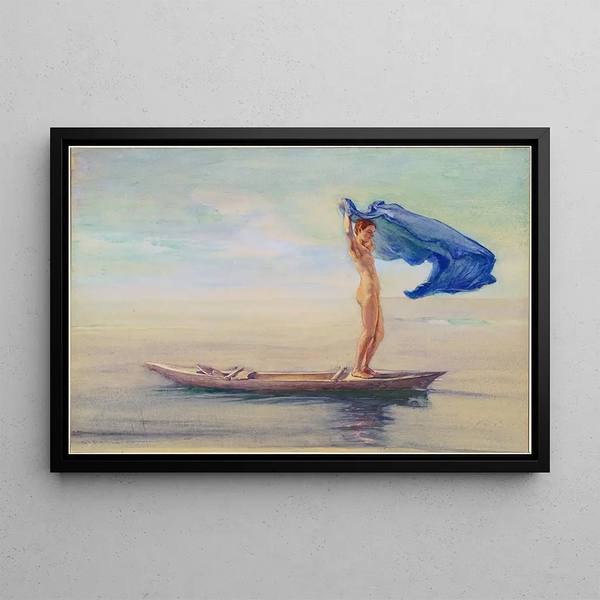Girl at the prow of a canoe deploying her skirt as a sail, Samoa - John La Farge — framed artwork on a wall