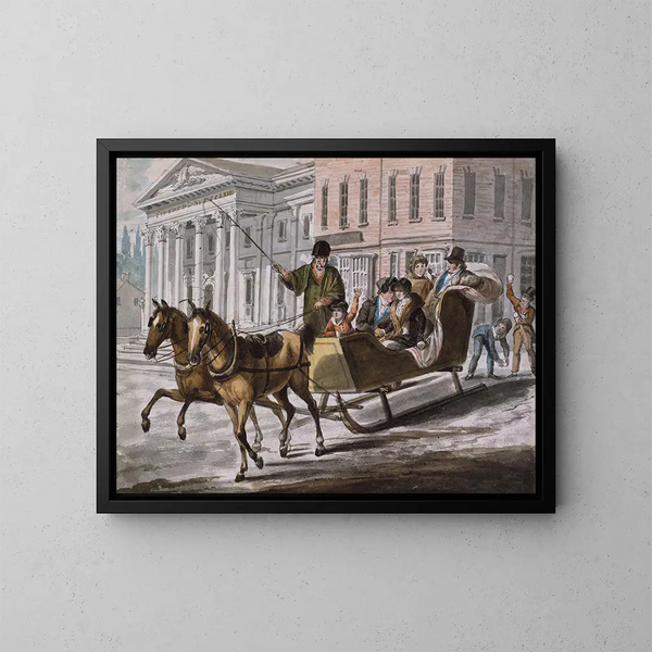 Winter Scene in Philadelphia, the United States Bank in the background - John Lewis Krimmel — framed artwork on a wall