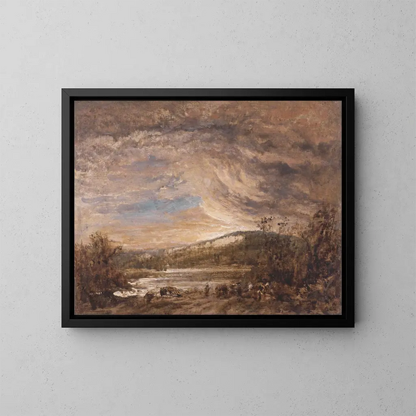 River landscape painting - John Linnell — framed artwork on a wall