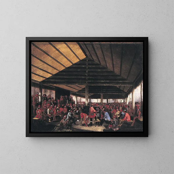 International Indian Council painting held in Tallequah, Indian Territory, in 1843 - John Mix Stanley — framed artwork on a wall
