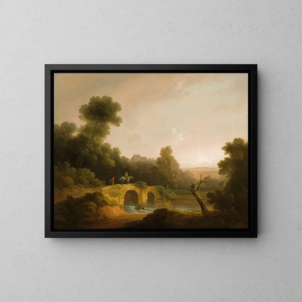 Landscape painting with figures crossing a bridge - John Rathbone — framed artwork on a wall
