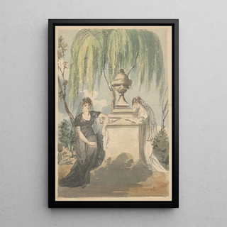 John Rubens Smith - Preliminary design for mourning scene two veiled women grieving over funerary monument with urn weeping willow in background.webp