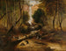 Landschapschilderij met bush, waterval en een Aboriginal die in New South Wales inheemse dieren achtervolgt - John Skinner Prout — weergave van het kunstwerk