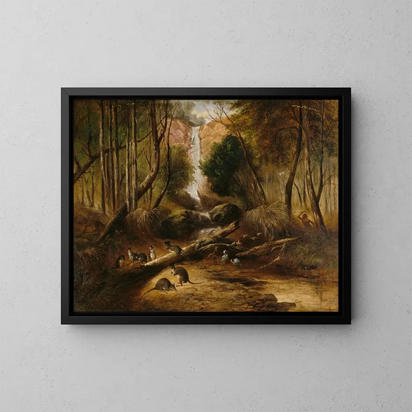 Landscape painting of a bush with a waterfall and an Aboriginal tracking native animals in New South Wales - John Skinner Prout — framed artwork on a wall