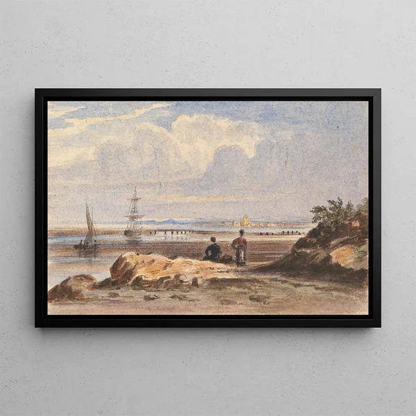 Rivage met twee figuren en een verre stad - John Varley — ingelijst kunstwerk aan de muur