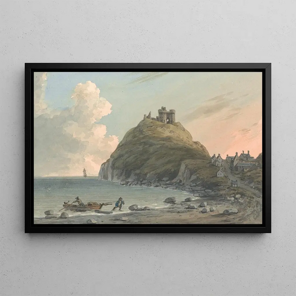 van het kasteel van Criccieth en een deel van de stad aan de baai, oostelijke uitzicht vanaf Caernarfonshire - John Warwick Smith — ingelijst kunstwerk aan de muur