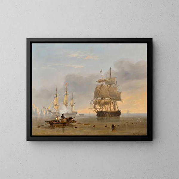 a British warship off the Needles, Isle of Wight - John Wilson Carmichael — framed artwork on a wall