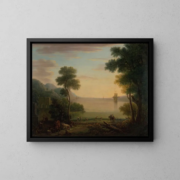 Classic landscape painting with figures and animals at sunset - John Wootton — framed artwork on a wall