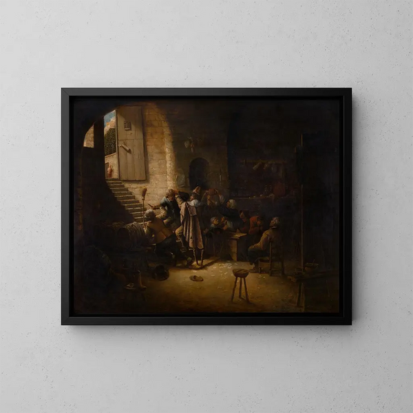 The Antwerp Arms Tavern Scene - Joos van Craesbeeck — framed artwork on a wall