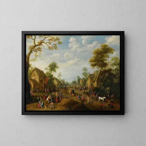 A village fair with many peasants celebrating - Joost Cornelisz Droochsloot — framed artwork on a wall