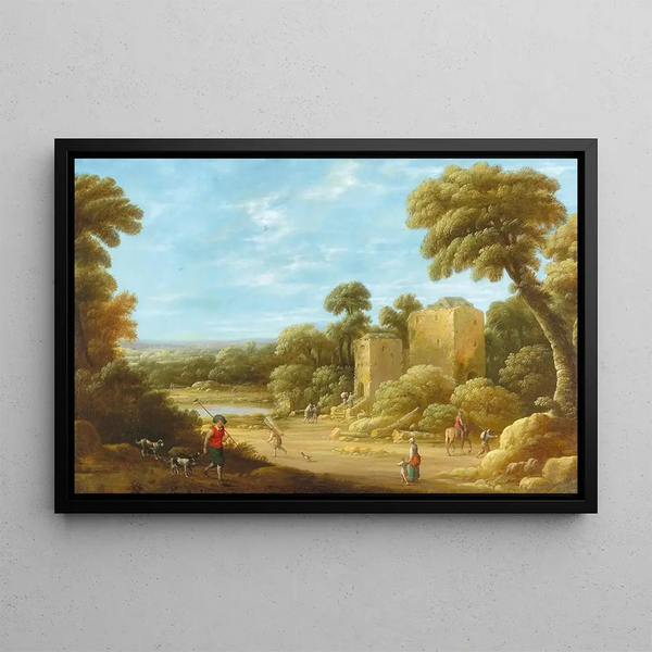 a landscape with figures in front of a ruin - Joost Cornelisz Droochsloot — framed artwork on a wall