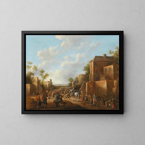 Village landscape with peasants near a tavern - Joost Cornelisz Droochsloot — framed artwork on a wall