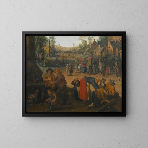 A village scene with numerous peasants and a traveling merchant - Joost Cornelisz Droochsloot — framed artwork on a wall