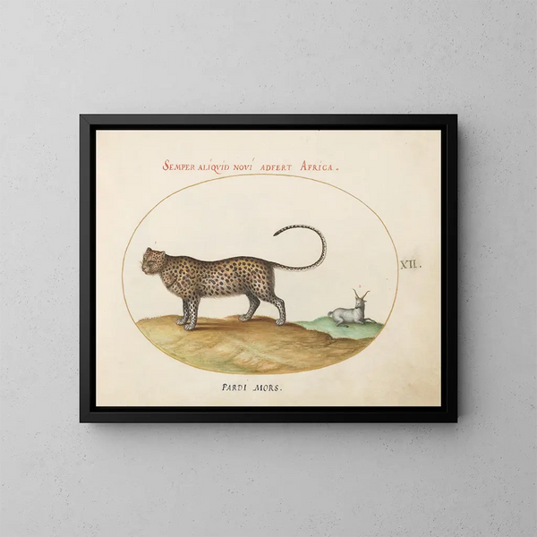a cheetah and a wild sheep - Joris Hoefnagel — framed artwork on a wall