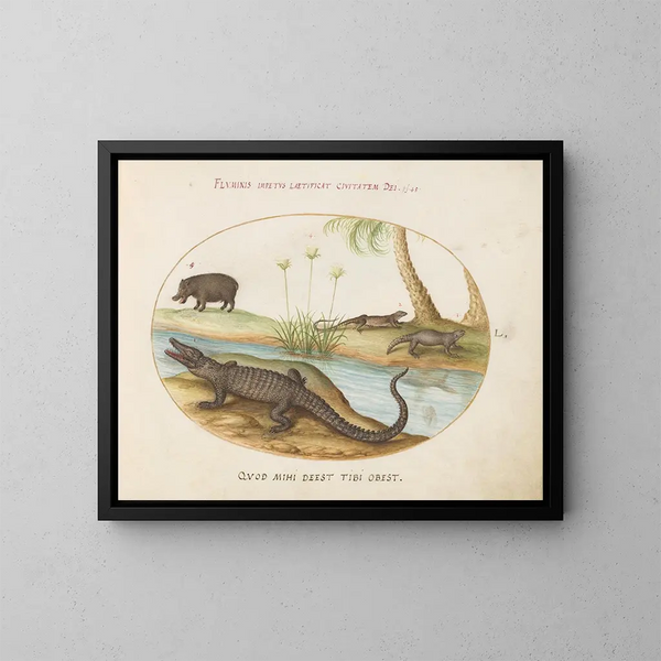 a crocodile, hippopotamus, land crocodile, or tegu lizard, and a crocodile or spiny-tailed lizard with a papyrus plant - Joris Hoefnagel — framed artwork on a wall