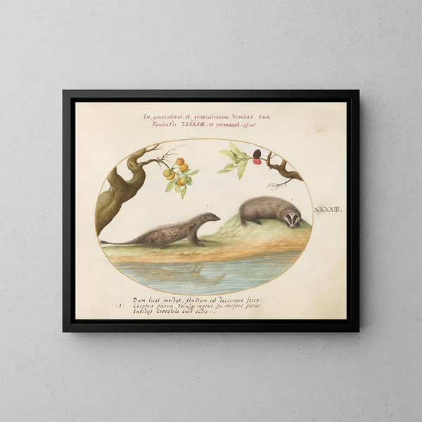 Mongoose and Badger with Fruit Trees - Joris Hoefnagel — framed artwork on a wall