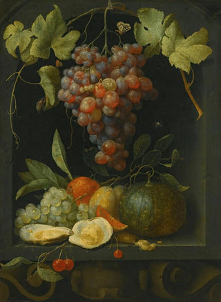 Joris van Son - Still life with grapes a melon an orange plums and oysters in a stone niche.webp