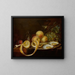 Natuurschilderij met stilleven op tafel met twee oesters op een tinnen bord, een glas wijn, een gedeeltelijk gepelde citroen en een assortiment fruit - Joris van Son — ingelijst kunstwerk aan de muur