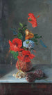 Hibiscus, freesias, dahlias en jacinthes op een marmeren buffet - José María Bracho Murillo | Reproduction — weergave van het kunstwerk