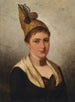 jonge vrouw in traditioneel kostuum met gouden hoedje - Josef Böche — weergave van het kunstwerk
