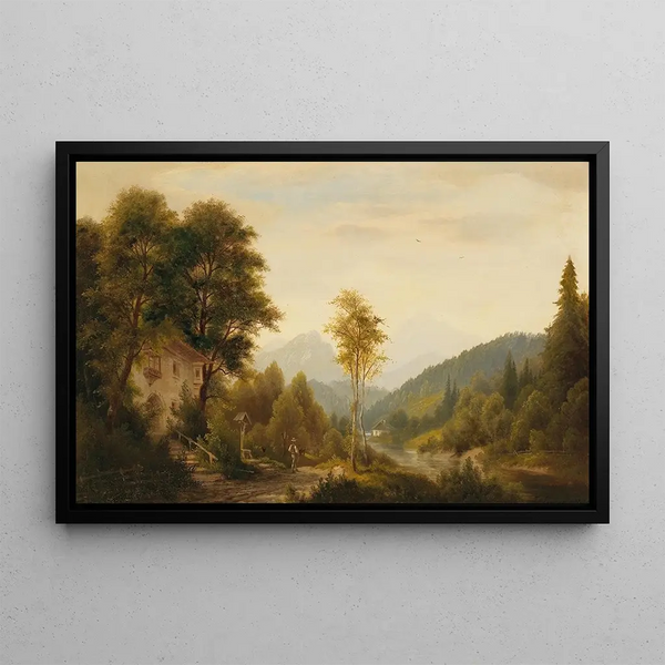 Winterlandschap met decoratieve figuren - Josef Burgaritzky — ingelijst kunstwerk aan de muur