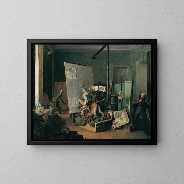 Comic scene in the workshop - Josef Danhauser — framed artwork on a wall