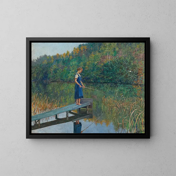 a girl on a dock fishing - Josef Engelhart — framed artwork on a wall