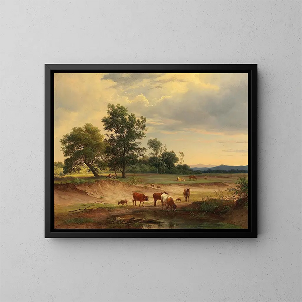 Landscape open with a shepherd resting near Mödling - Josef Feid — framed artwork on a wall