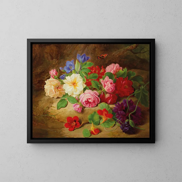 a woodland scene with roses and a butterfly - Josef Lauer — framed artwork on a wall