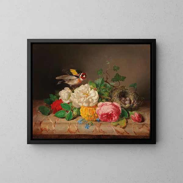Rosenstock painting with goldfinch and bird's nest - Josef Lauer — framed artwork on a wall