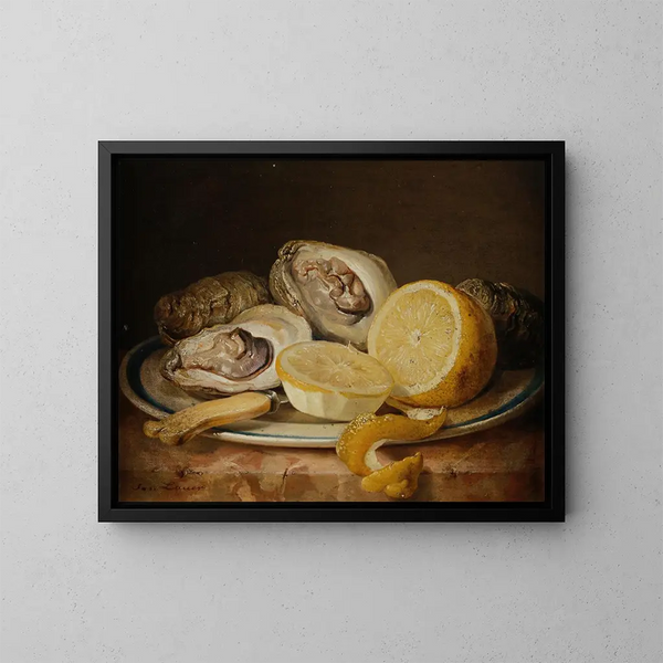Still life with oysters and a lemon - Josef Lauer — framed artwork on a wall