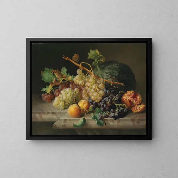 Nature morte avec grenade, raisins et melon - Josef Lauer — framed artwork on a wall